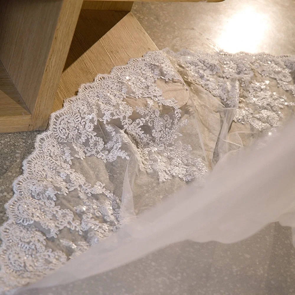 Long White Bridal Veil with Lace Trim